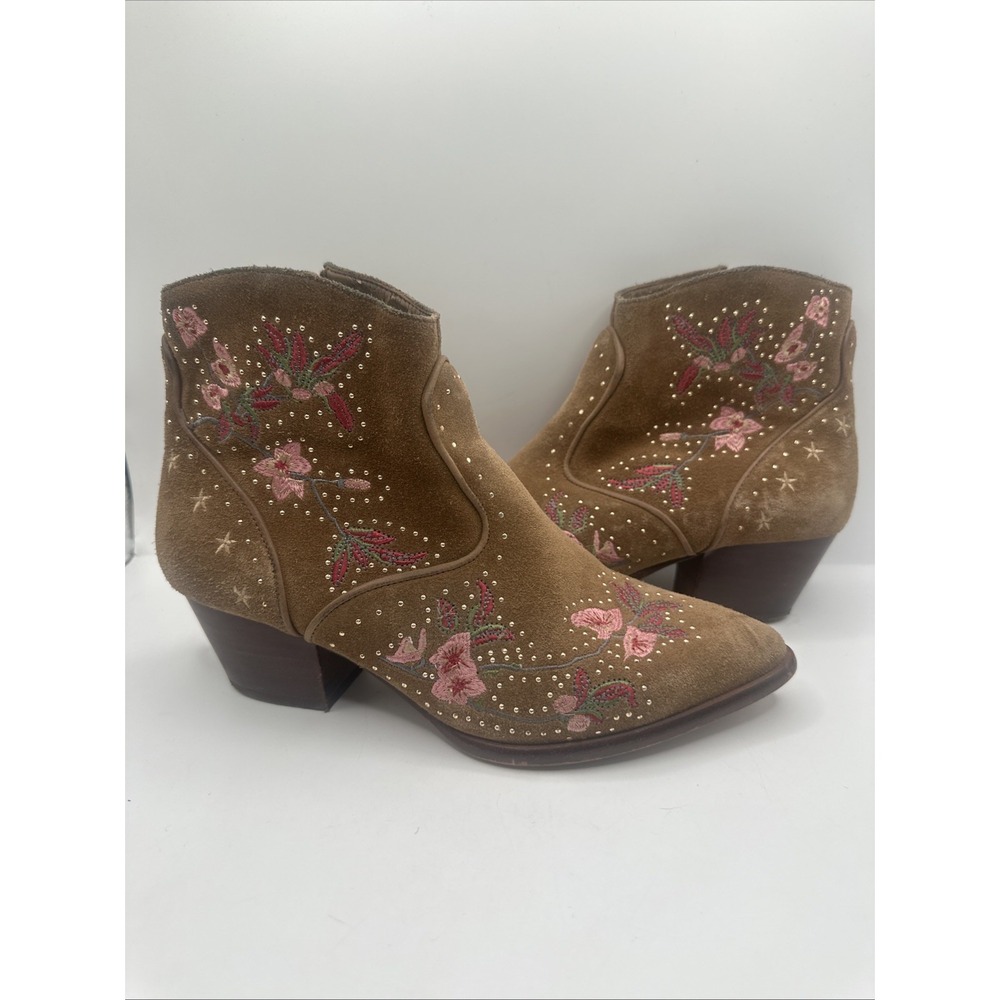 Gianni Bini Boots Women 7 Ankle Zip Floral Embroidery Tan Suede Western Casual